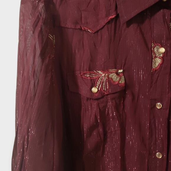 Roper Womens Purple Floral Embroidered Metallic Sheer Pearl Snap Button Shirt Lg - Picture 5 of 15